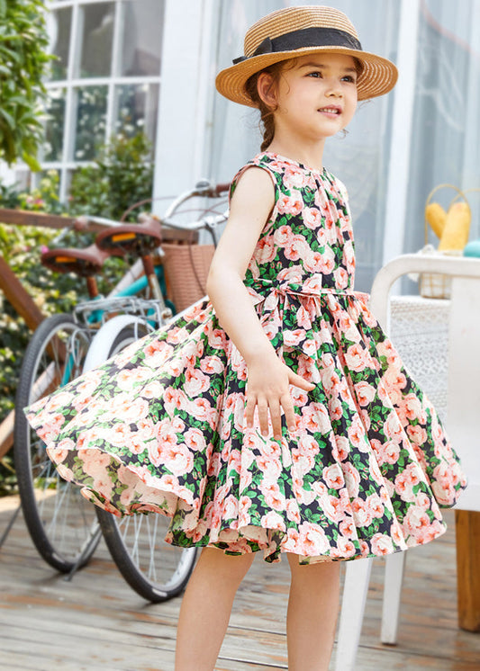 Chic Pink Print Bow Cotton Girls Dress Sleeveless TT014