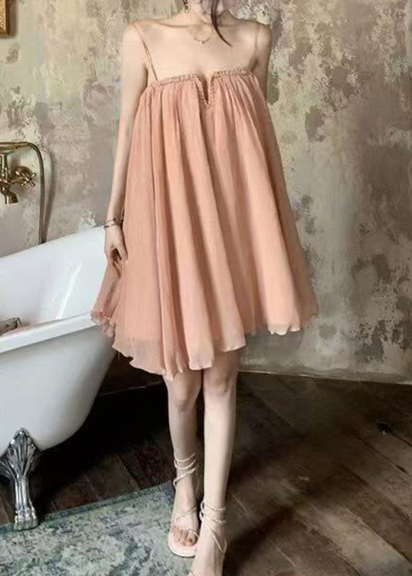 Robe en tulle froissée d'été rose chic à bretelles spaghetti