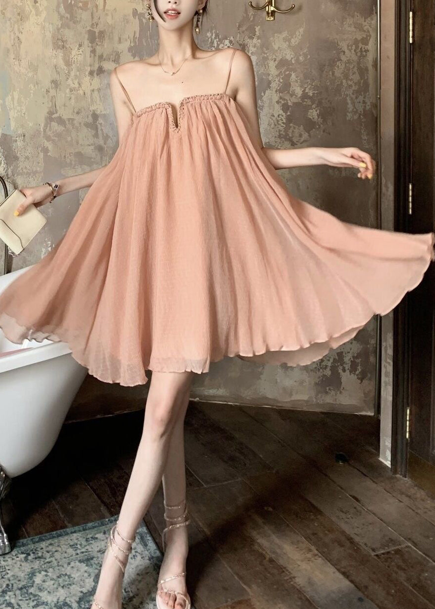 Robe en tulle froissée d'été rose chic à bretelles spaghetti