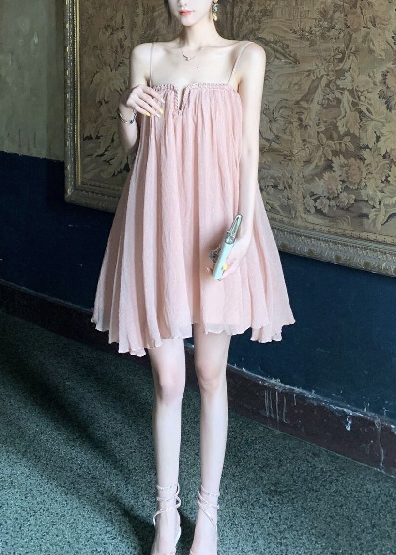 Robe en tulle froissée d'été rose chic à bretelles spaghetti