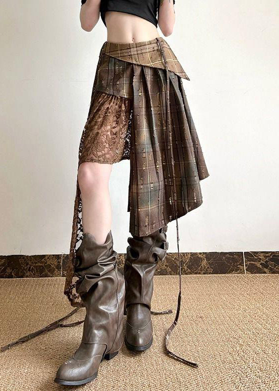 Plaid Spitze Sommer Patchwork Chic Rock Asymmetrische Baumwolle