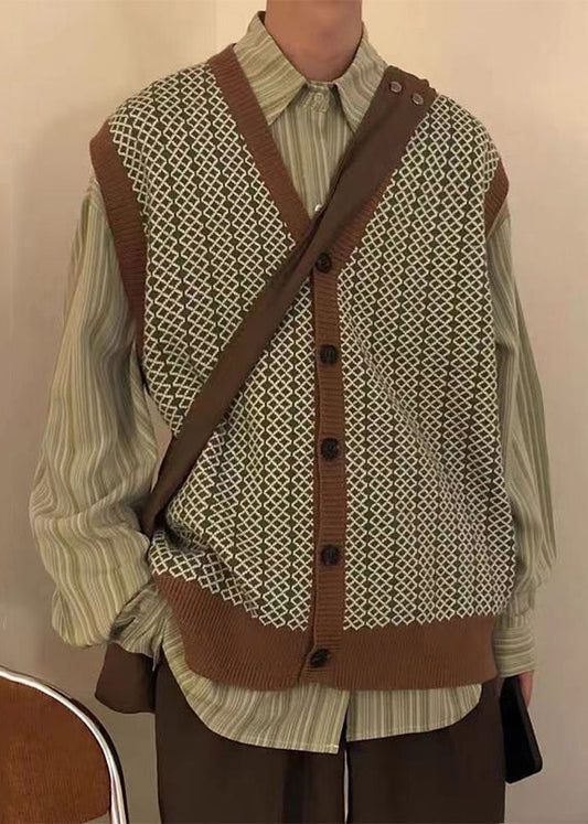 Gilet en tricot à carreaux chic et boutonné pour homme, col en V, sans manches, RJ029