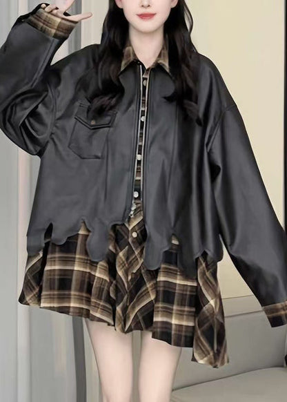 Chic Plaid Patchwork False Two Pieces Faux Leather Coat Spring TY004