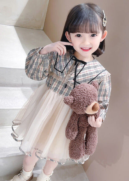 Chic Plaid Peter Pan Collar Tulle Patchwork Girls Dresses Long Sleeve XZ068