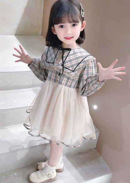 Chic Plaid Peter Pan Collar Tulle Patchwork Girls Dresses Long Sleeve XZ068