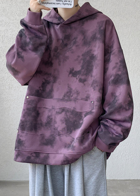 Chic Purple Hooded Tie Dye Cotton Men Sweatshirt Fall RP053