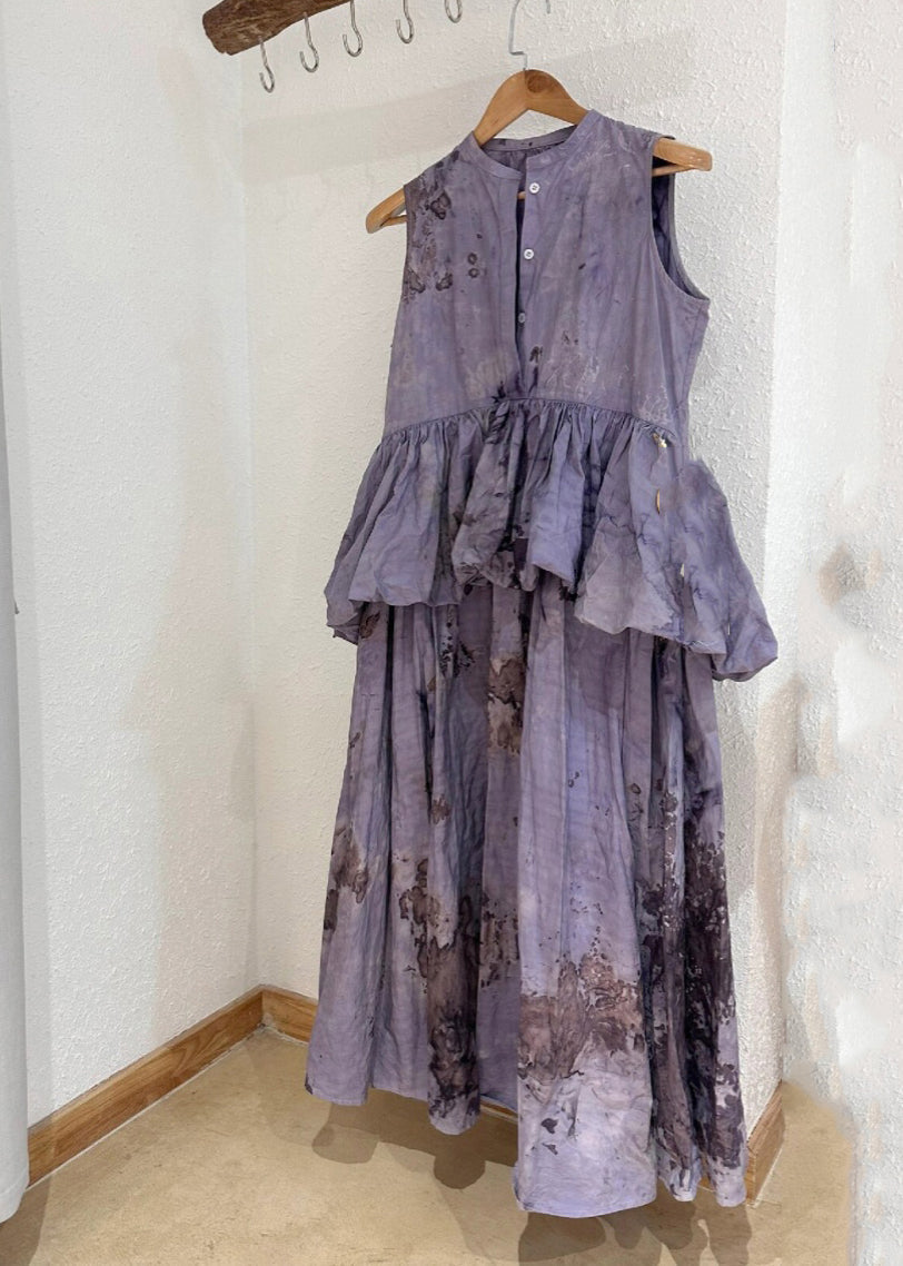 Robe longue plissée à volants et col rond en patchwork violet chic pour l'été UU1057