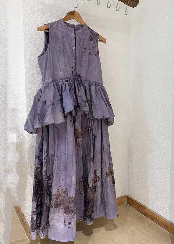 Robe longue plissée à volants et col rond en patchwork violet chic pour l'été UU1057