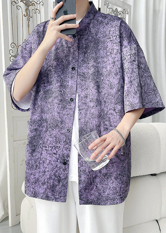 Chic Purple Print Pockets Ice Silk Men Shirt Half Sleeve YT065