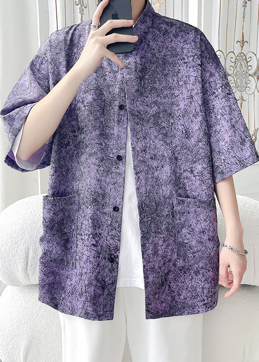 Chic Purple Print Pockets Ice Silk Men Shirt Half Sleeve YT065