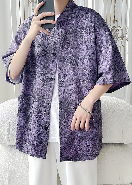 Chic Purple Print Pockets Ice Silk Men Shirt Half Sleeve YT065