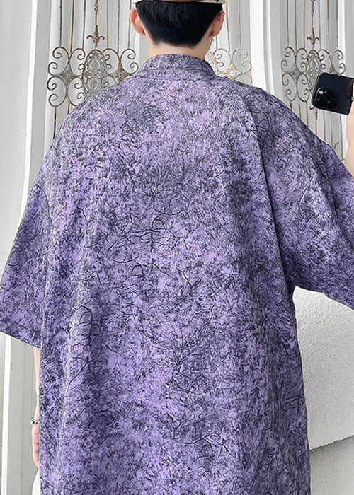 Chic Purple Print Pockets Ice Silk Men Shirt Half Sleeve YT065