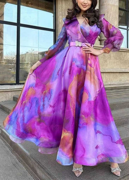 Robe chic à imprimé violet avec ceintures et patchwork en tulle et ourlet extra large, printemps WW1035