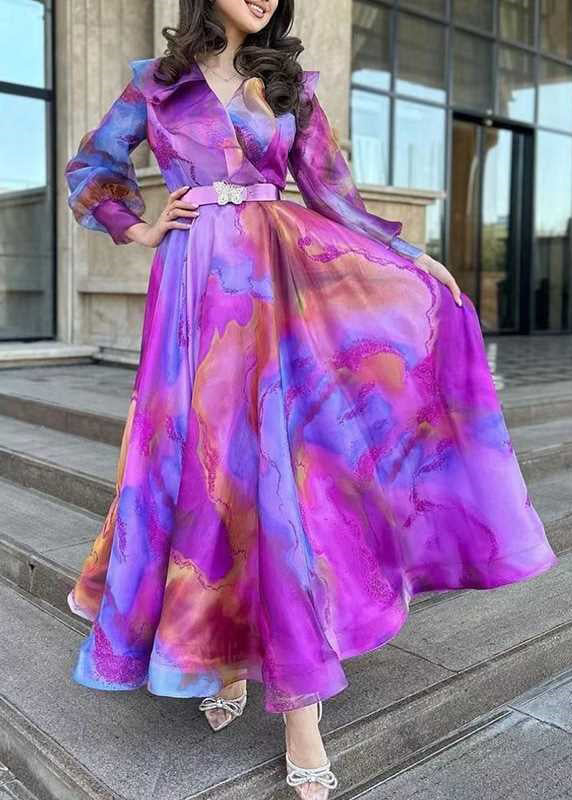 Robe chic à imprimé violet avec ceintures et patchwork en tulle et ourlet extra large, printemps WW1035