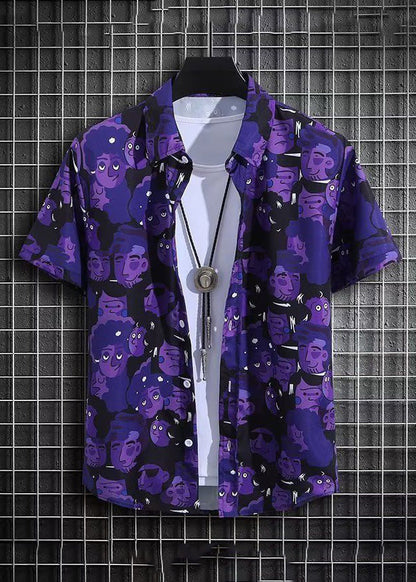 Chic Purple Print Shirt And Shorts Ice Silk Men Two Pieces Set Summer HG047