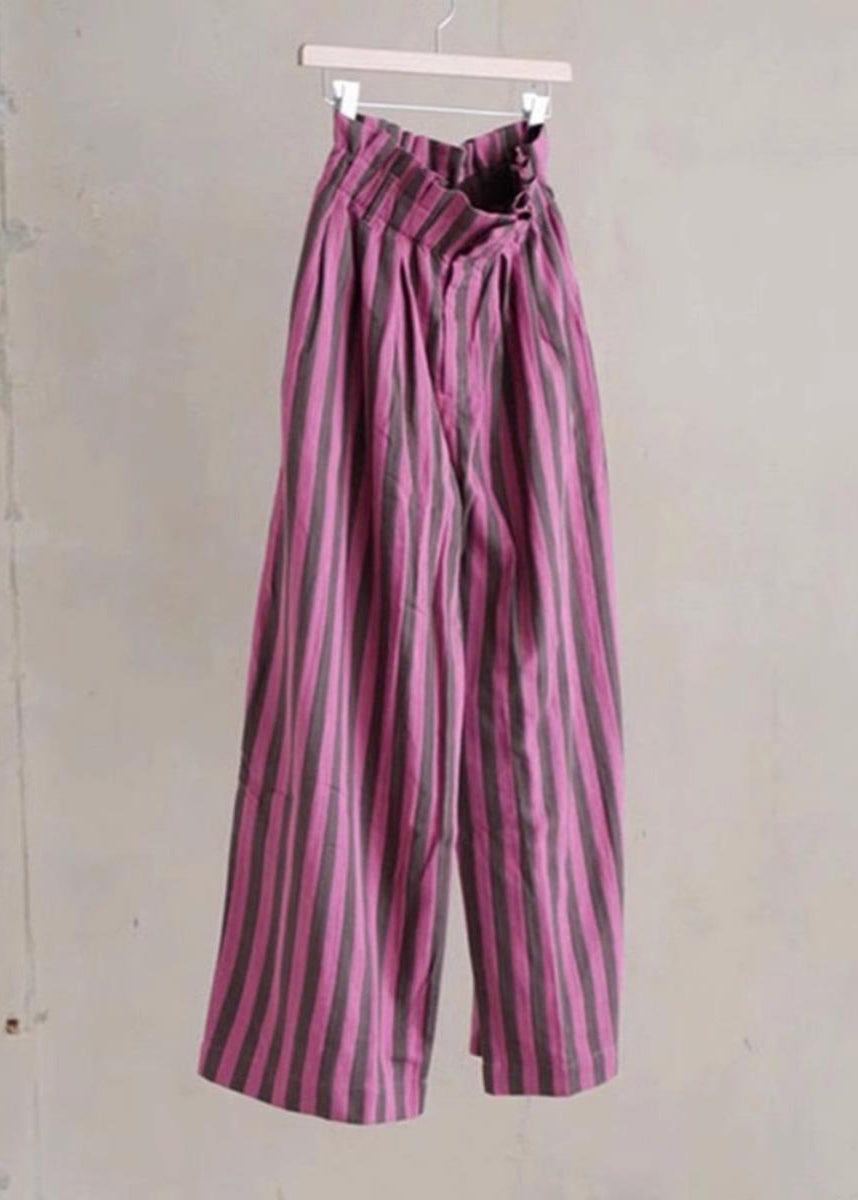 Chic Purple Striped Elastic Waist Cotton Wide Leg Pants Summer AP045