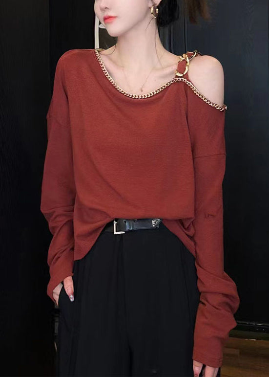 Chic Red Cold Shoulder Chain Linked Cotton Top Long Sleeve OP1087