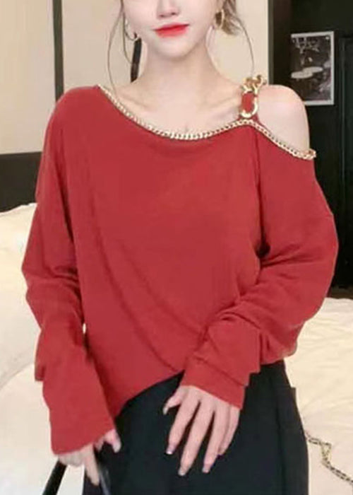 Chic Red Cold Shoulder Chain Linked Cotton Top Long Sleeve OP1087