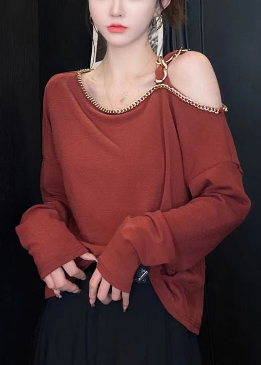 Chic Red Cold Shoulder Chain Linked Cotton Top Long Sleeve OP1087