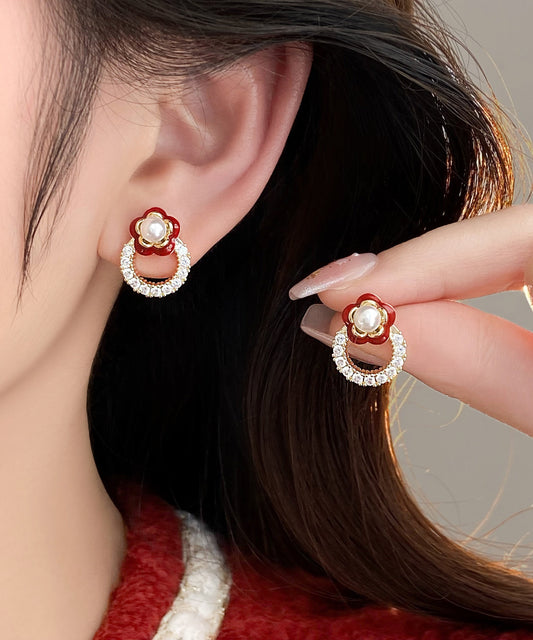 Stud Alloy Flower Zircon Copper Red Chic Camellia Earrings