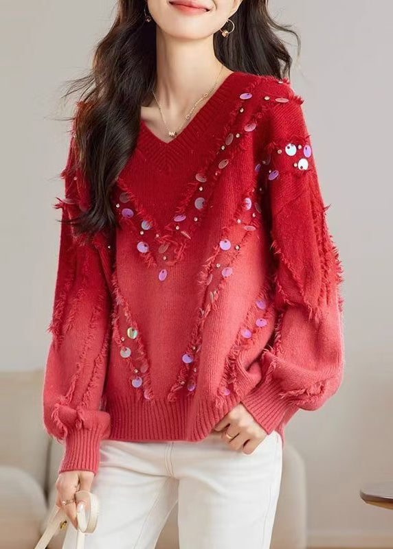 Chic Red Gradient V Neck Tassel Sequins Knit Sweater Tops Spring TQ002