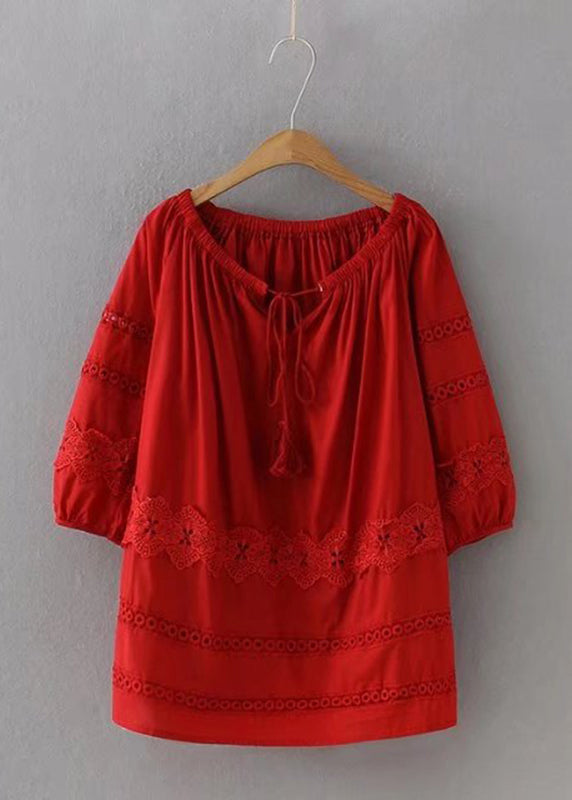 Chic Red Lace Patchwork Hollow Out Shirt Long Sleeve VV025