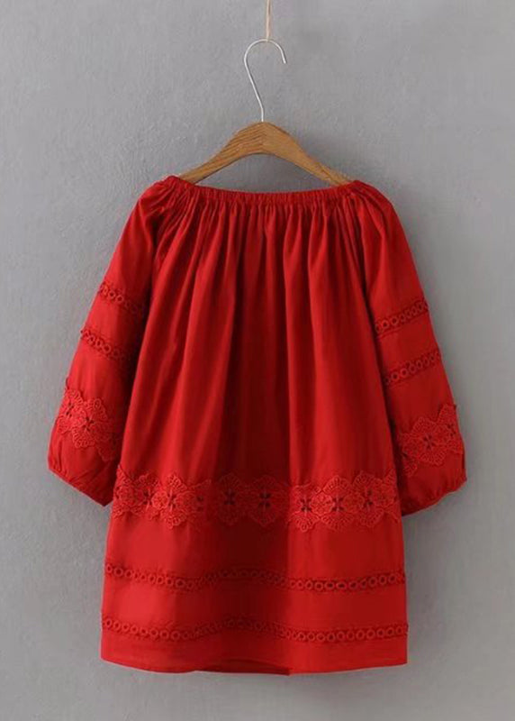 Chic Red Lace Patchwork Hollow Out Shirt Long Sleeve VV025