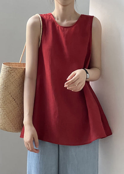 Chic Red Lace Up Solid Cotton Tops Sleeveless QE046