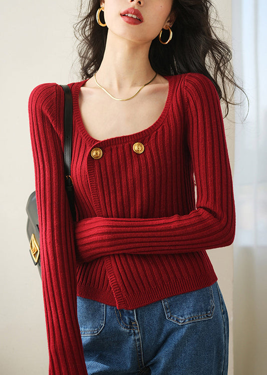 Chic Red O Neck Double Breast Knit Cardigan Spring TO017