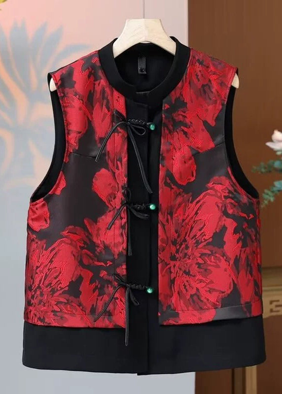 Gilet en soie rouge chic à col rond et boutons imprimés sans manches QO059