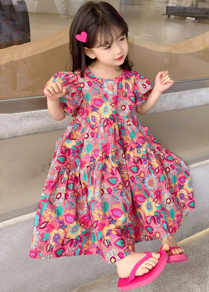 Chic Red O Neck Print Cotton Girls Long Dress Short Sleeve EW054