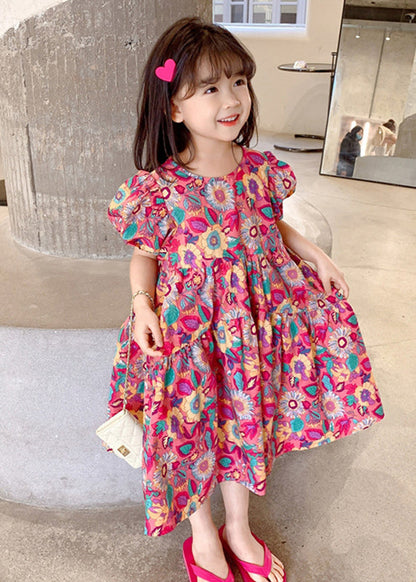 Chic Red O Neck Print Cotton Girls Long Dress Short Sleeve EW054