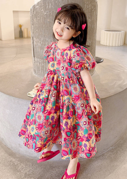 Chic Red O Neck Print Cotton Girls Long Dress Short Sleeve EW054