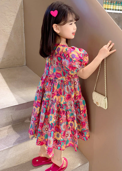 Chic Red O Neck Print Cotton Girls Long Dress Short Sleeve EW054