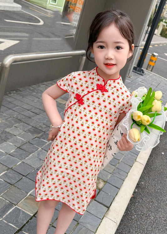 Robe longue de vacances à manches courtes pour enfants, imprimée rouge chic, ouverte sur le côté, MN020