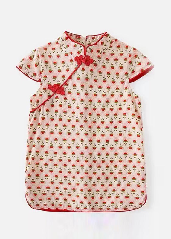 Robe longue de vacances à manches courtes pour enfants, imprimée rouge chic, ouverte sur le côté, MN020