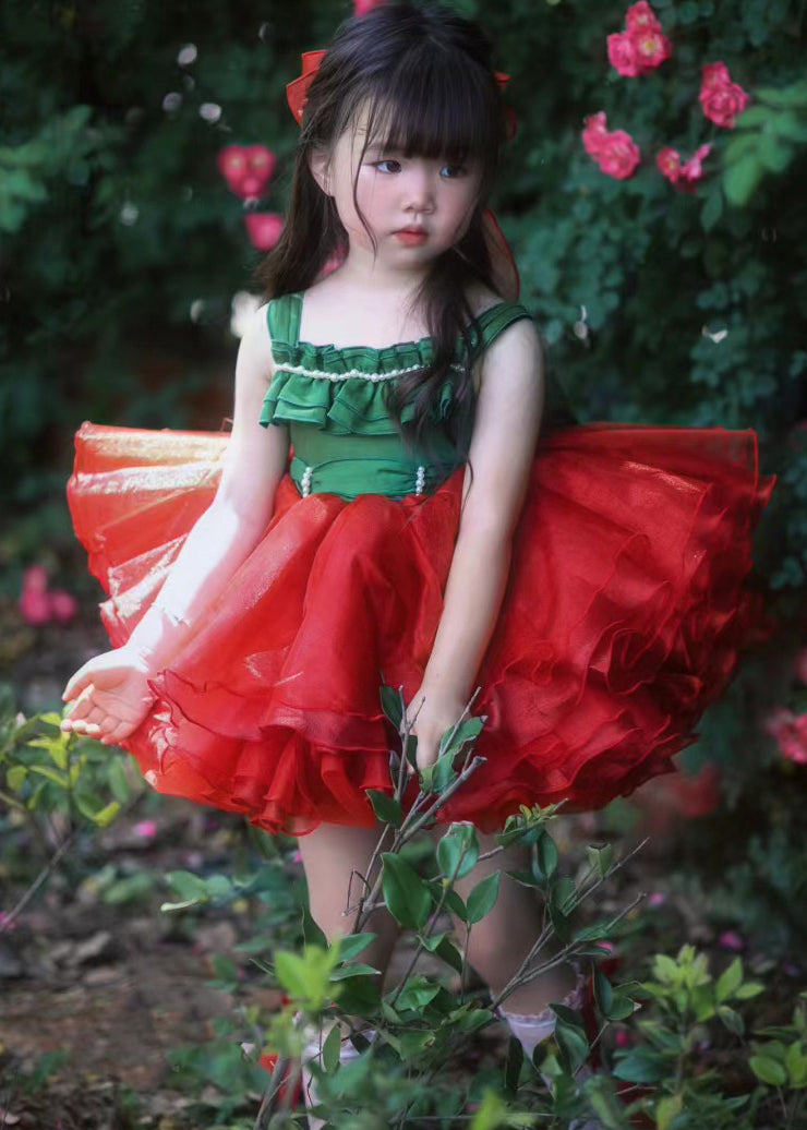 Chic Red Square Collar Patchwork Tulle Girls Spaghetti Strap Dress Summer EW011