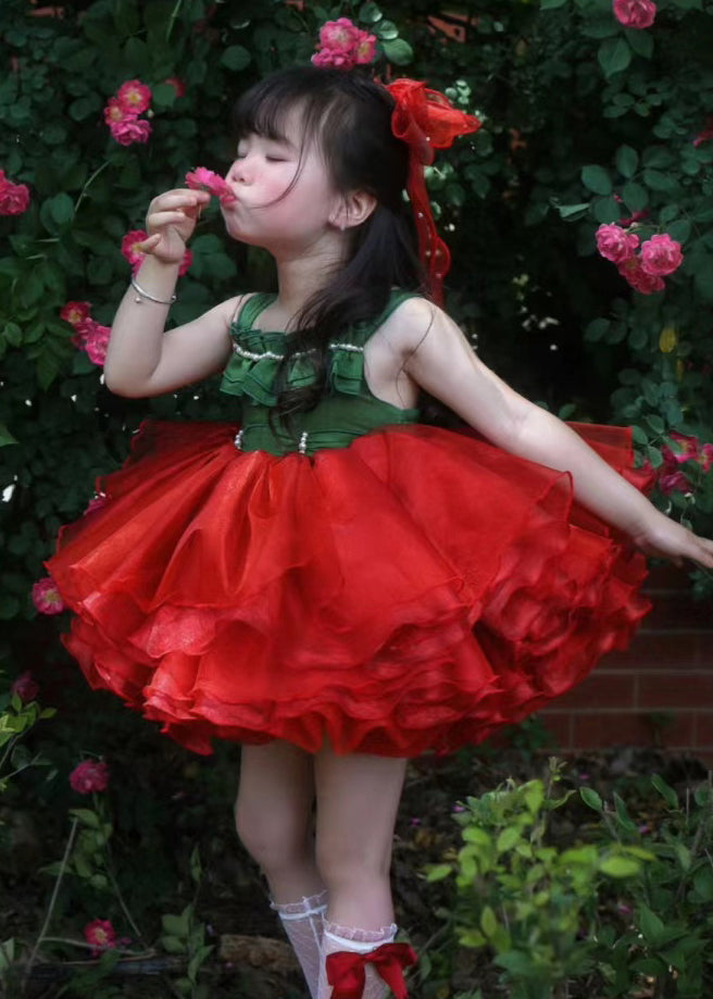 Chic Red Square Collar Patchwork Tulle Girls Spaghetti Strap Dress Summer EW011