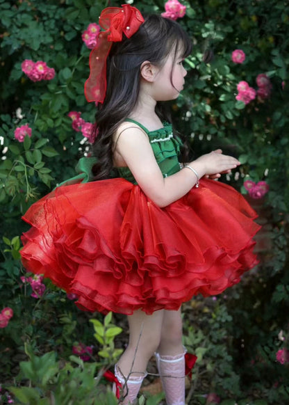 Chic Red Square Collar Patchwork Tulle Girls Spaghetti Strap Dress Summer EW011