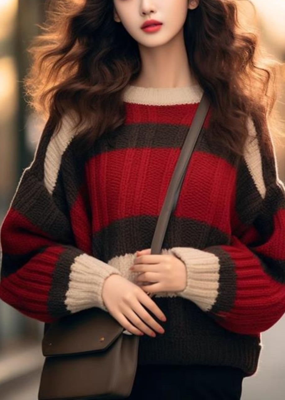 Chic Red Striped Cozy Patchwork Knit Sweater Winter WK043