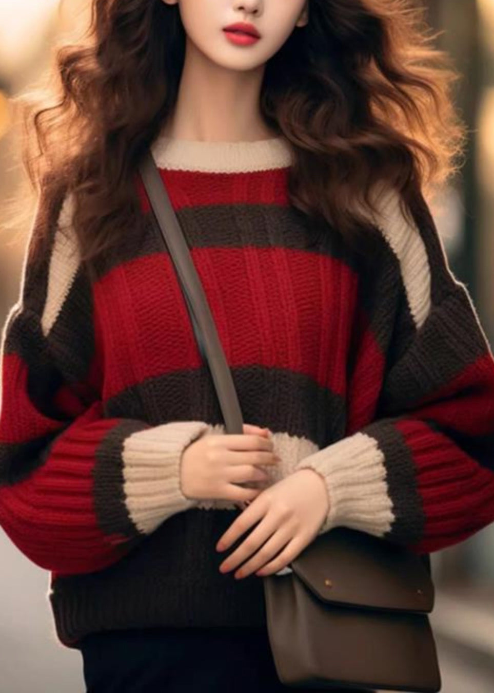 Chic Red Striped Cozy Patchwork Knit Sweater Winter WK043