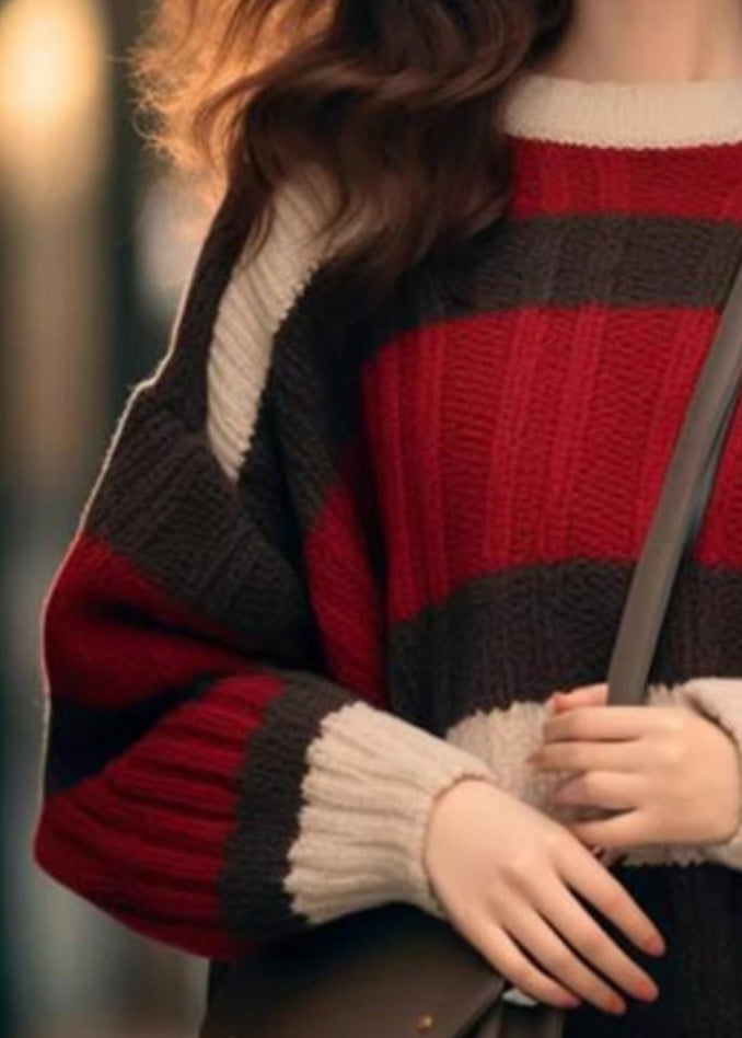 Chic Red Striped Cozy Patchwork Knit Sweater Winter WK043