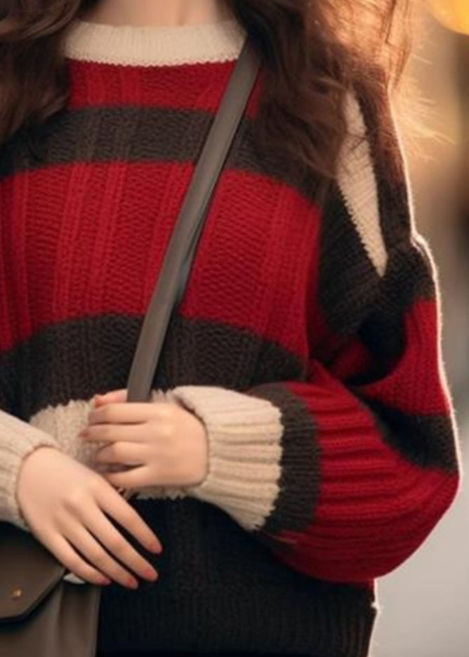 Chic Red Striped Cozy Patchwork Knit Sweater Winter WK043