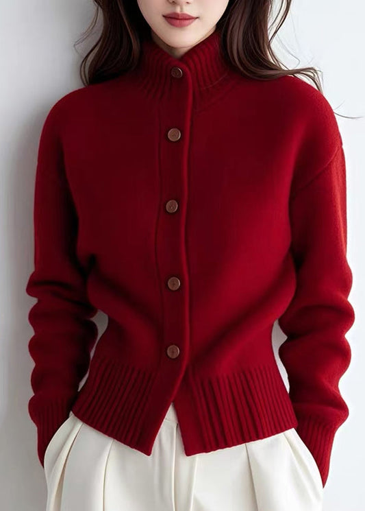 Chic Red Turtleneck Patchwork Solid Cotton Knit Cardigans Spring TO040