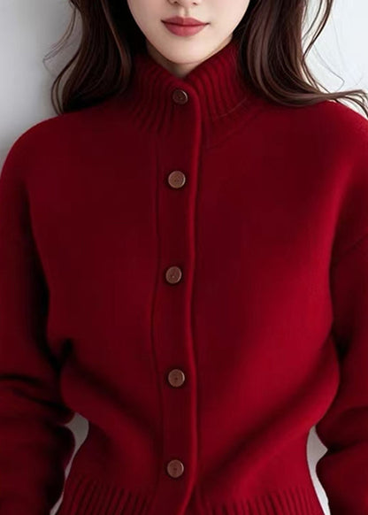 Chic Red Turtleneck Patchwork Solid Cotton Knit Cardigans Spring TO040