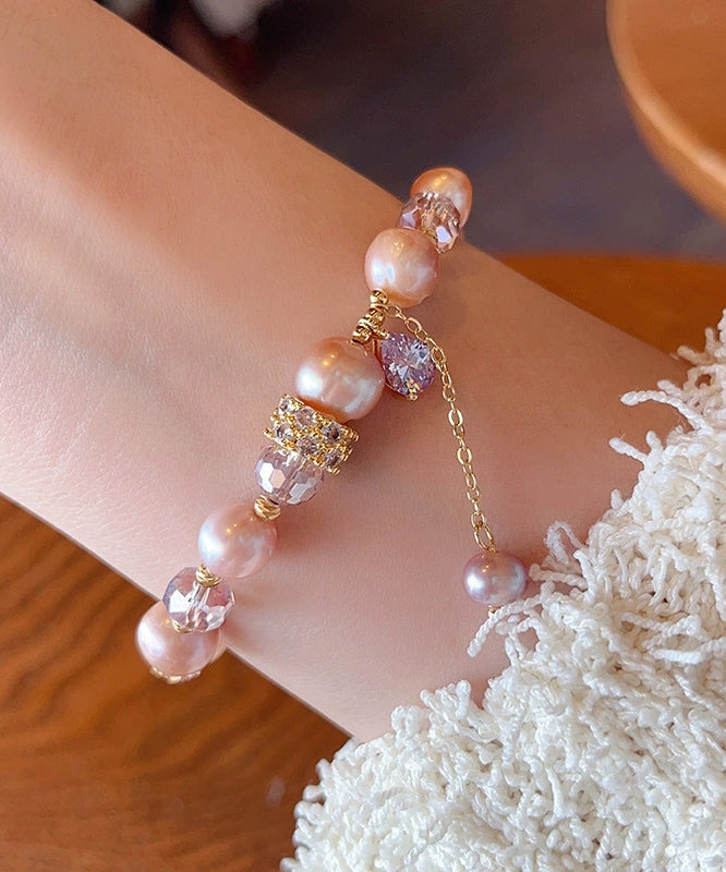 Chic Rose Gold Alloy Pearl Crystal Beading Tassel Charm Bracelet WF025