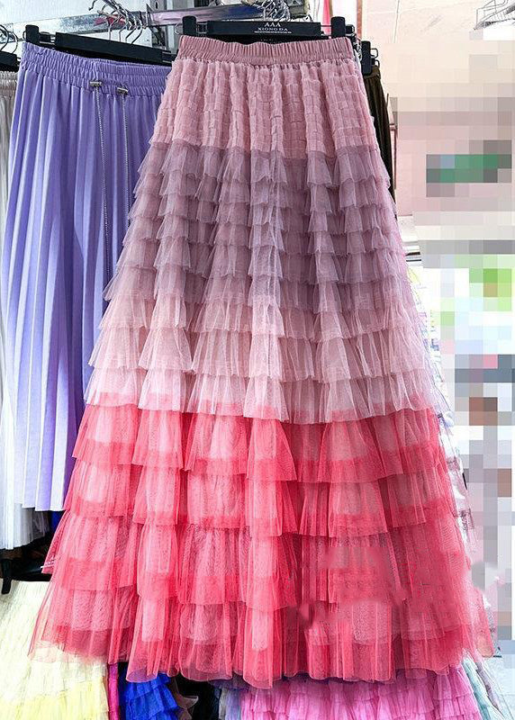 Chic Rose Gradient Color Wrinkled Elastic Waist Tulle Skirt Summer Ada Fashion