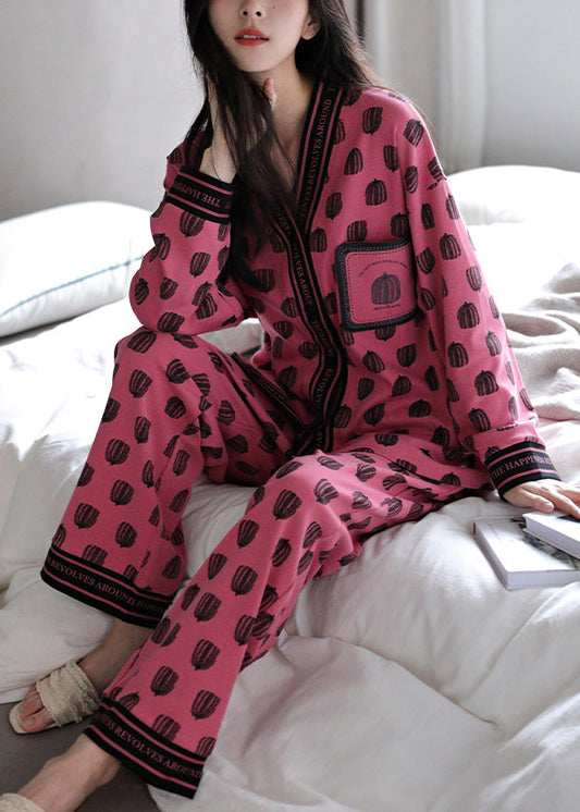 Print Neck Pajamas V Fall Set Chic Pieces Rose Cotton Two