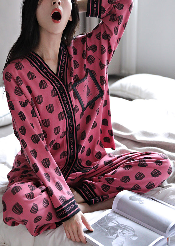 Print Neck Pajamas V Fall Set Chic Pieces Rose Cotton Two