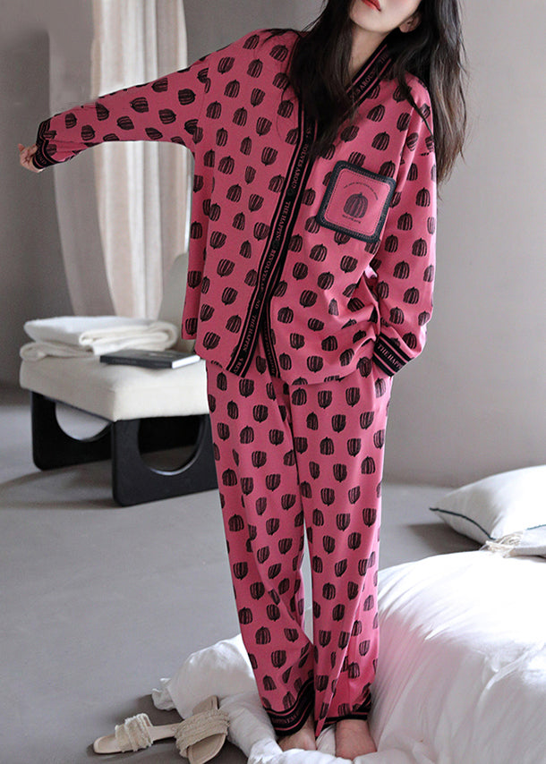 Print Neck Pajamas V Fall Set Chic Pieces Rose Cotton Two